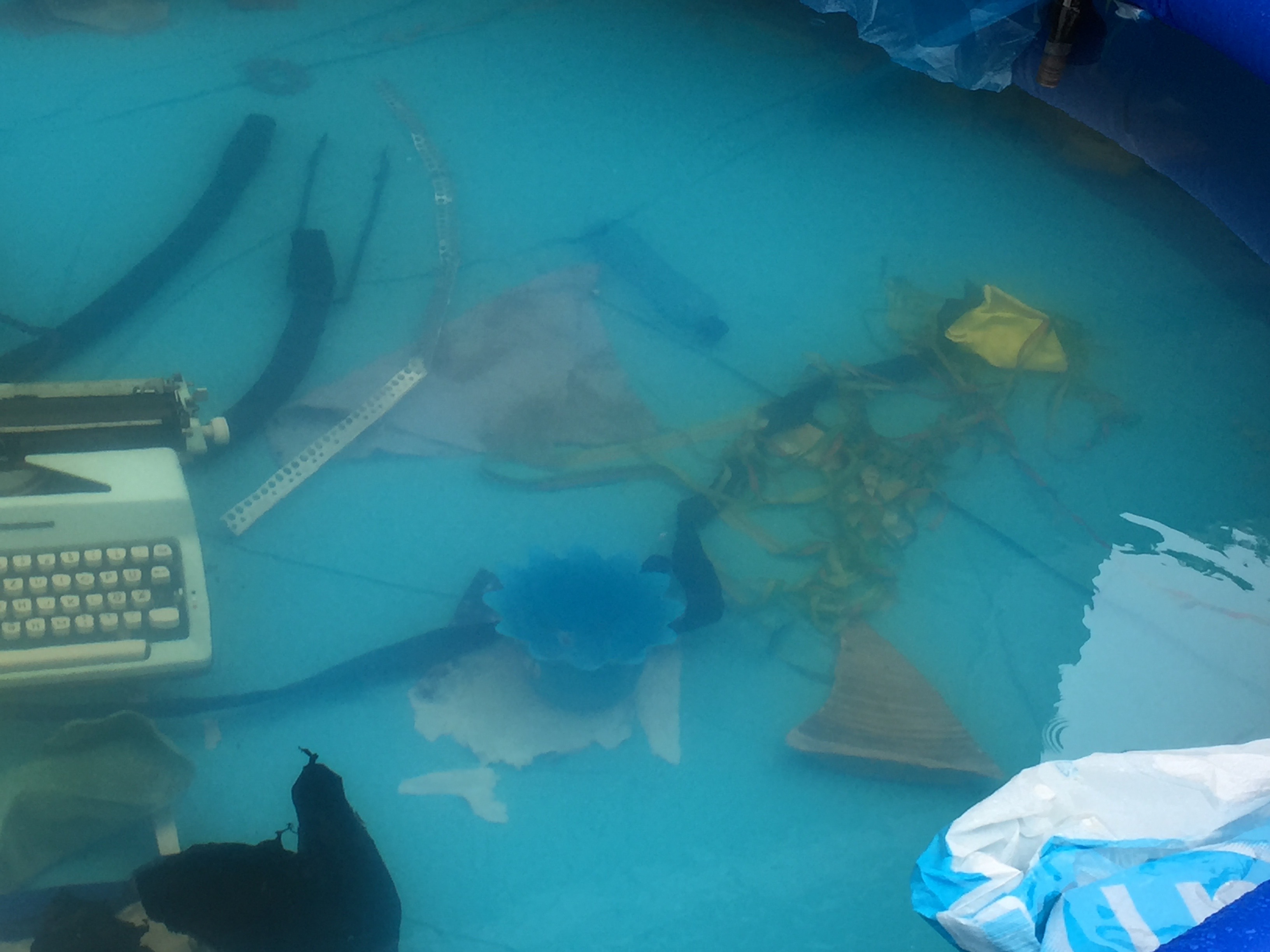 Auf dem Grund eines Swimming-Pools liegt eine Schreibmaschine. Bei der Inszenierung der Odyssee in Amsterdam wurden die Zuschauer an einzelne Handlungsorte mit dem Schiff gebracht.